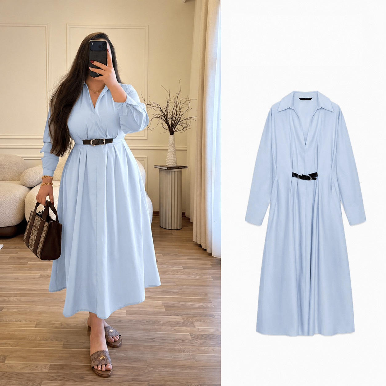 Robe Chemise Longue Ceinturée en popeline
